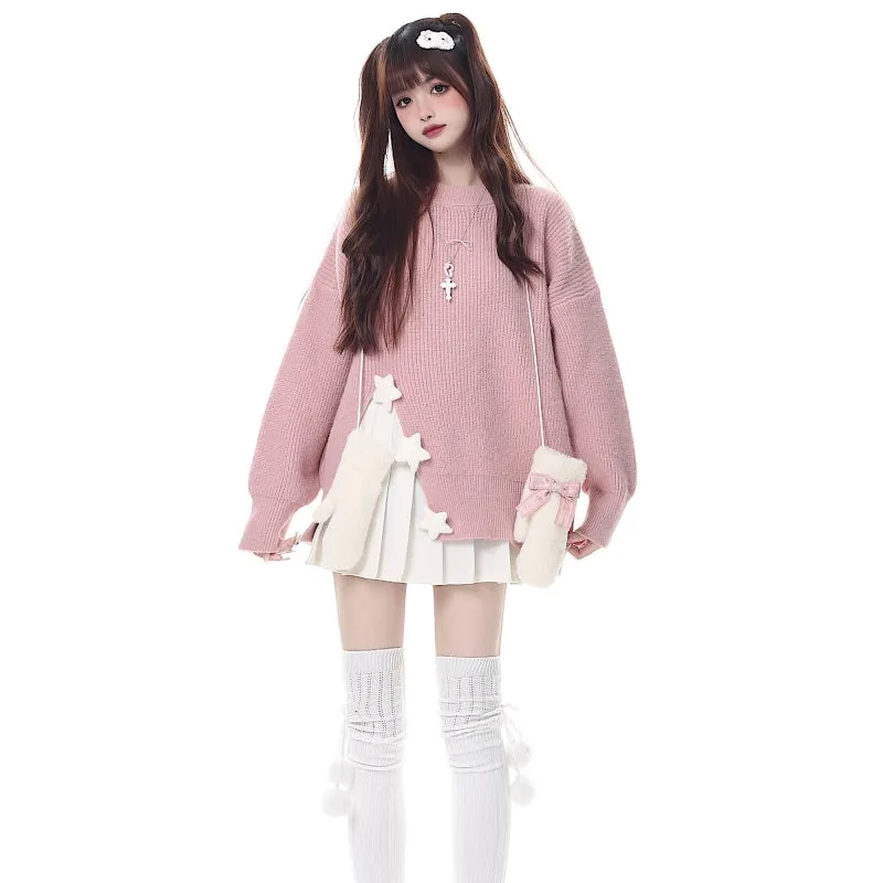 Sweet Girly Pink Star-Decorated Round Neck Sweater