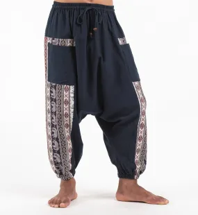 Unisex Elephant Aztec Cotton Harem Pants in Navy